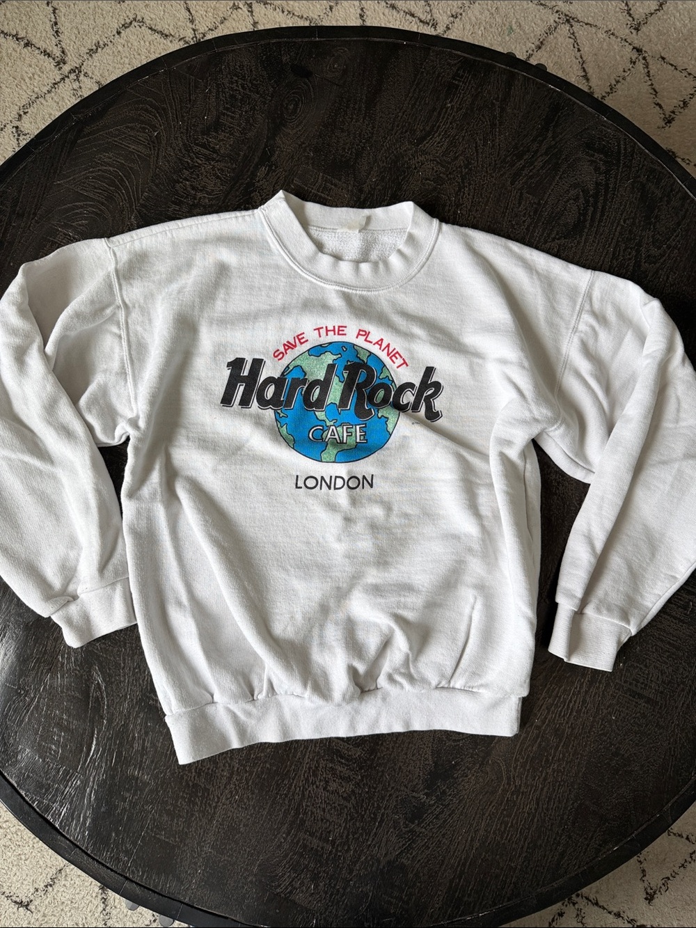 Vintage Hard Rock Cafe White Crewneck with Blue & Black Globe Logo